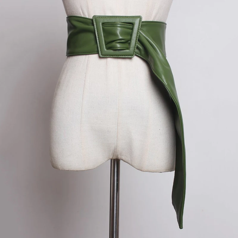 [EAM] New Spring Summer Pu Leather green Black Big Buckle Personality Long Wide Belt Women Fashion Tide All-match JY325