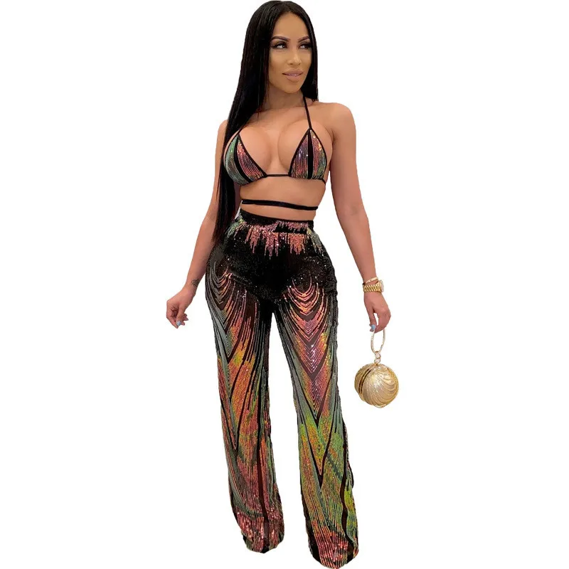 

Tracksuit Women Outfits Spaghetti Strap Crop Suit Two Piece Set Top And Pants Fashion Solid Color Sequined Fitness Club Outfits