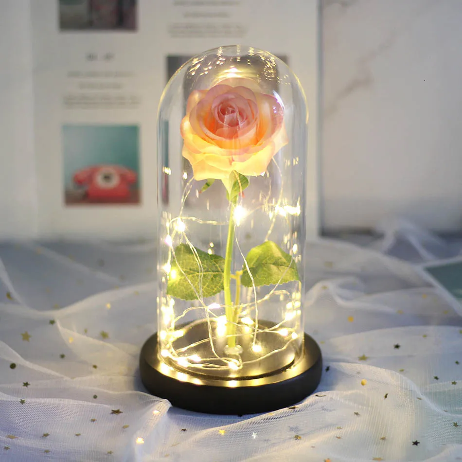 Romantic Gift Preserved Rose Beauty And The Beast Rose Rose In Glass Dome LED Light Forever Rose Red Rose Belle Preserved Rose