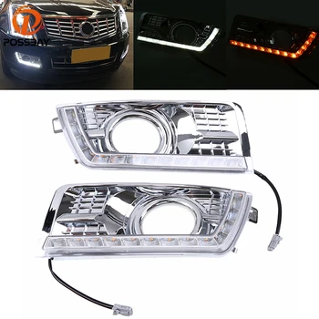 

POSSBAY Car Day Light for Cadillac SRX II 2010-2016 DRL LED Daytime Running Lights White Yellow Angel Eyes Fog Lamp
