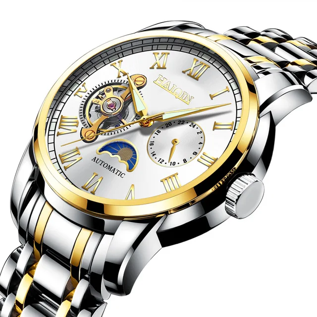 S-Gold White Fahion бренд HAIQIN Tourbillon механические мужские часы деловые военные спортивные наручные часы светящаяся указка reloj hombre - Цвет: S-Gold White