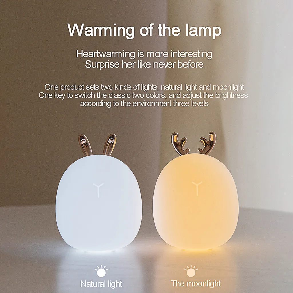 

Creative Birthday Warm Night Light Cute Deer Rabbit Portable Adjustable Color Soft Silicone Bedroom Livingroom Decoration Lamp