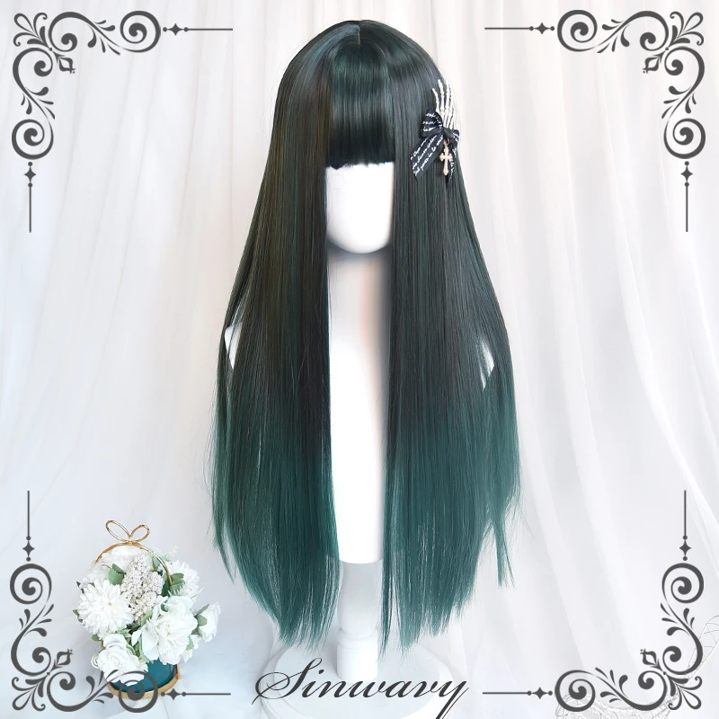 

Dark green gradient long straight hair Polaris cool wig face repair personality cos female long hair