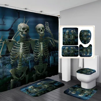 

Halloween Skull Curtain Set Bathroom Mat With Floor Mat Toilet Mat Halloween Printing European And American Romantic Style