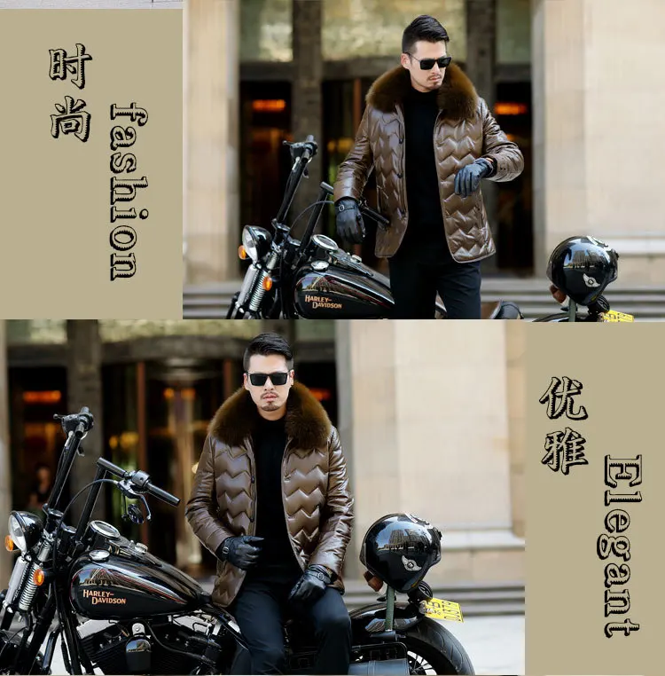 Men Mid-length Genuine Leather down Jacket Casual Thick White Duck down Jacket Haining Middle-aged Genuine Leather Clothes