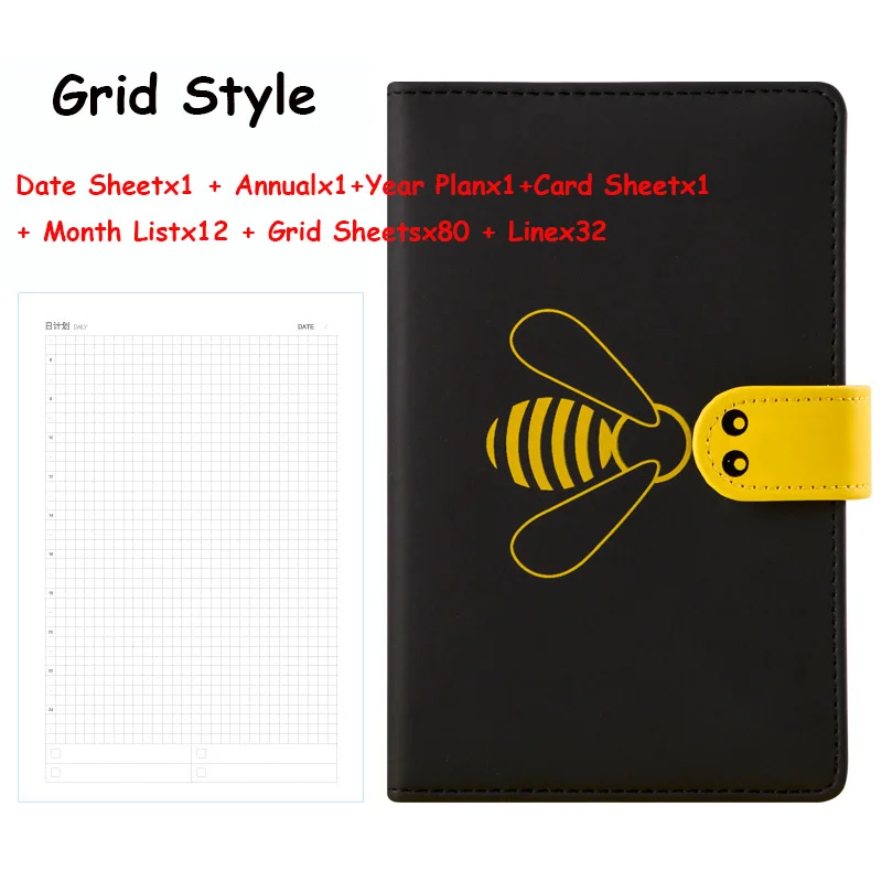 Kawaii Bullet Journal A6 DIY Agenda Weekly Monthly Planner Organizer Cute Bee Notebook Line Blank Grid Notebook School Note Book - Цвет: Black Grid