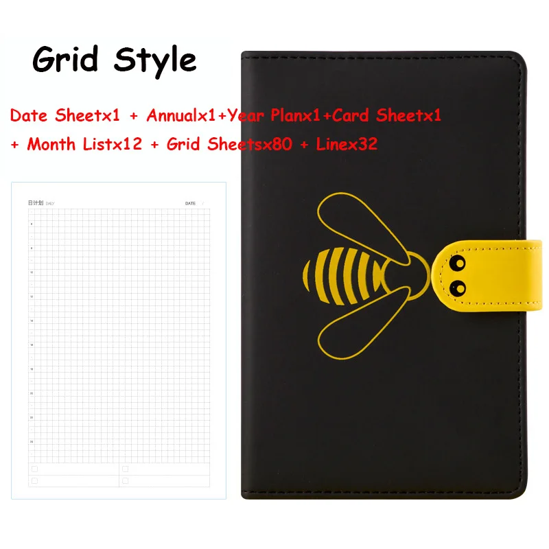 Black Grid Kawaii Bullet Journal A6 DIY Agenda Weekly Monthly Planner Organizer Cute Bee Notebook Line Blank Grid Notebook School Note Book - Цвет: Black Grid