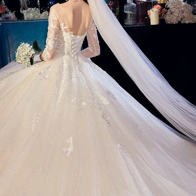 HLF40 New Applique Wedding Dresses Long Sleeves Suitable For Girls Strapless Floral Print Brides Vestidos Para Bodas 2