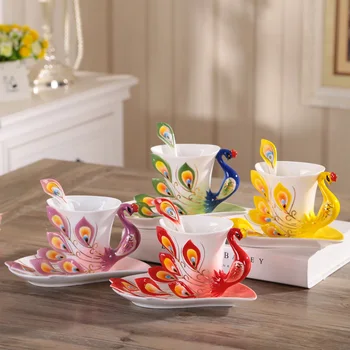 

1 piece of peacock coffee cup ceramic creative bone china 3D color enamel with dish and spoon coffee tea set WF8281055