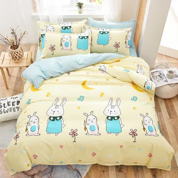 

Bedding set home comfortable Duvet Cover + Bed Flat Sheet + Pillow Case Cute rabbit with yellow rabbit