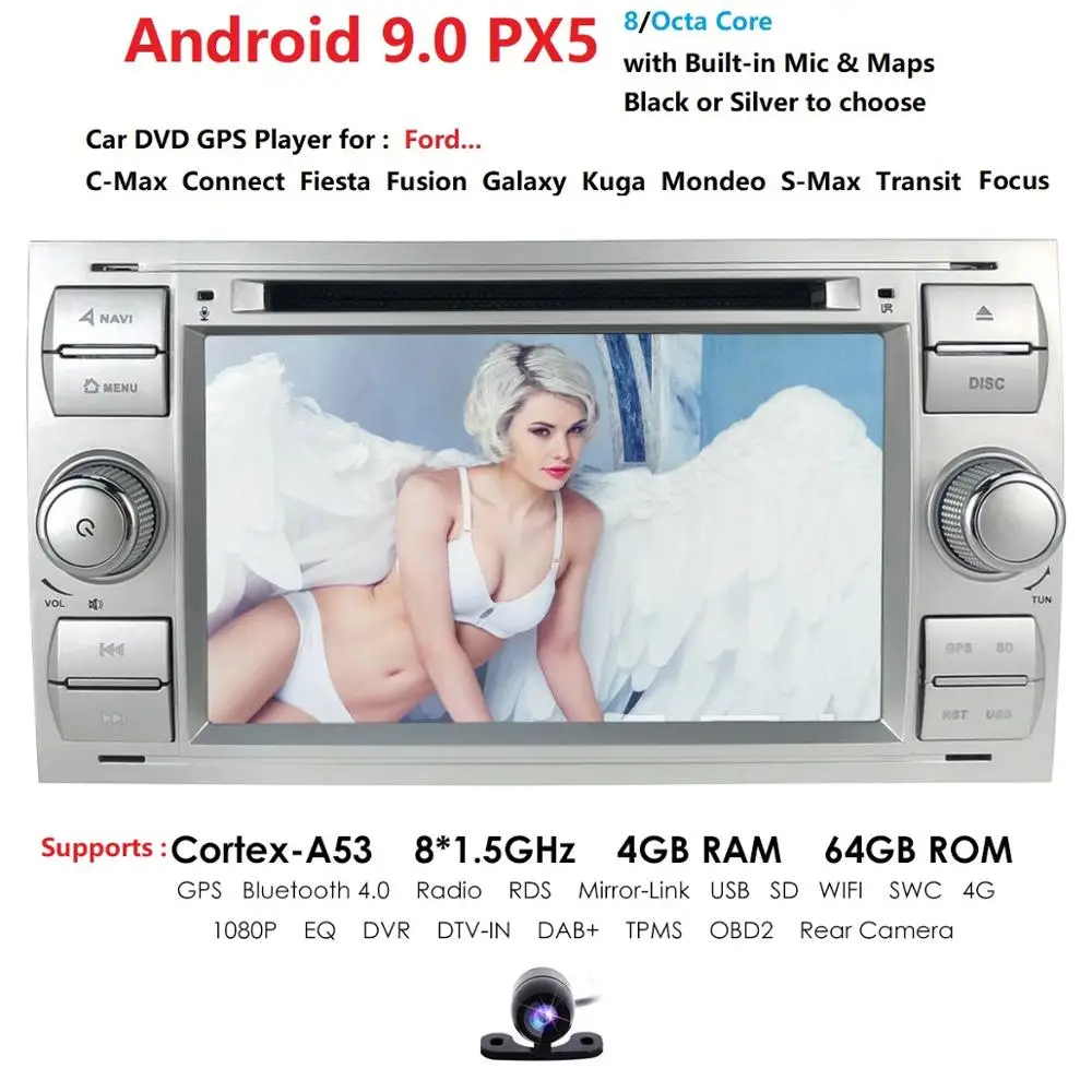 

2 Din Android 9 4GB 64GB Car DVD for FORD S-Max Kuga Fusion Transit Fiesta Focus II 2din gps Multimedia player radio dsp PX5 CAM