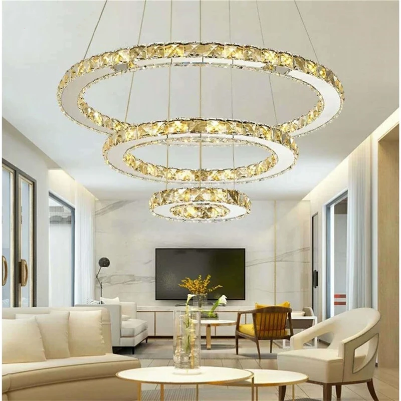 

Modern Crystal Pendant Lights 3 Rings Mirror Stainless Steel Lighting Fixture luminaire Hanging Lamp for Bedroom living room