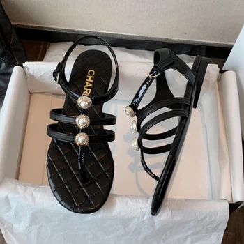 

french CHAREI cc2020 summer jelly shoes sandals with Pearl Camellia pink bright patent leather comfortable non slip design