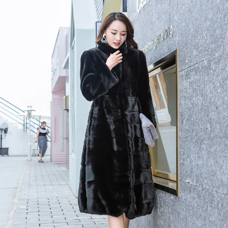 100 см Натуральная норковая шуба, куртка, воротник-стойка, зимняя женская меховая длинная верхняя одежда, пальто размера плюс 4XL LF9121