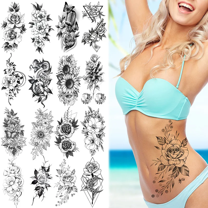 

Waterproof Temporary Tattoo Sticker Sketch flowers roses sexy Fake Tatoo Breast Chest Back Belly Flash Tatto For Women Men