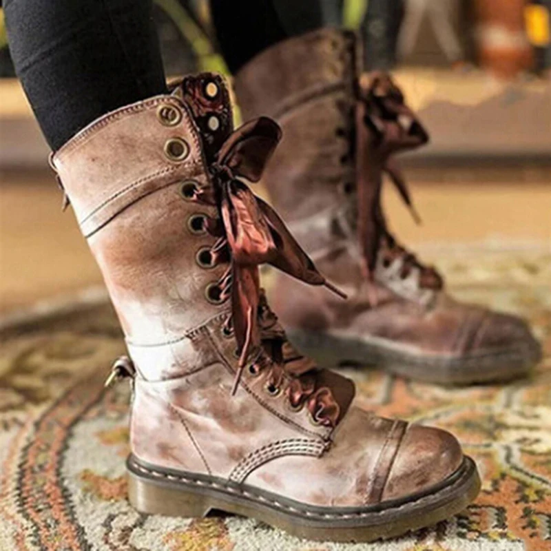 

Women Boots Mid Calf Lace Up Shoes Pu Leather Chaussure Botas Mujer Zapatos De Mujer Casual Womens Booties Vintage Gladiator W18