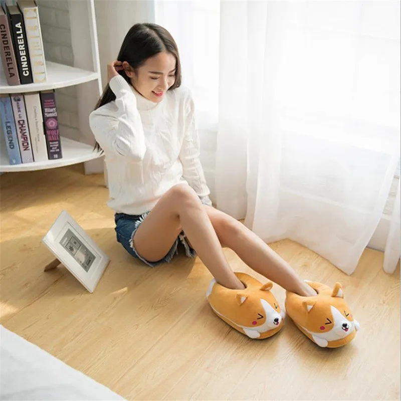WHOHOLL Women Home Shiba Inu Slippers Winter Warm Shoes Husky Slip on Flats Slides Female animal Slippers Women Shoes Xmas Gifts