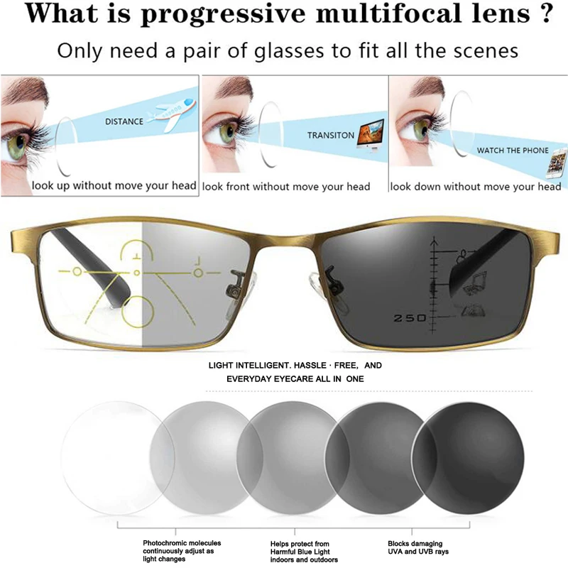 Gafas de lectura fotocromáticas inteligentes progresivas, lentes unisex antiluz azul, multifocales, de uso cercano y doble, para presbicia, 2020-1,0, 4,0