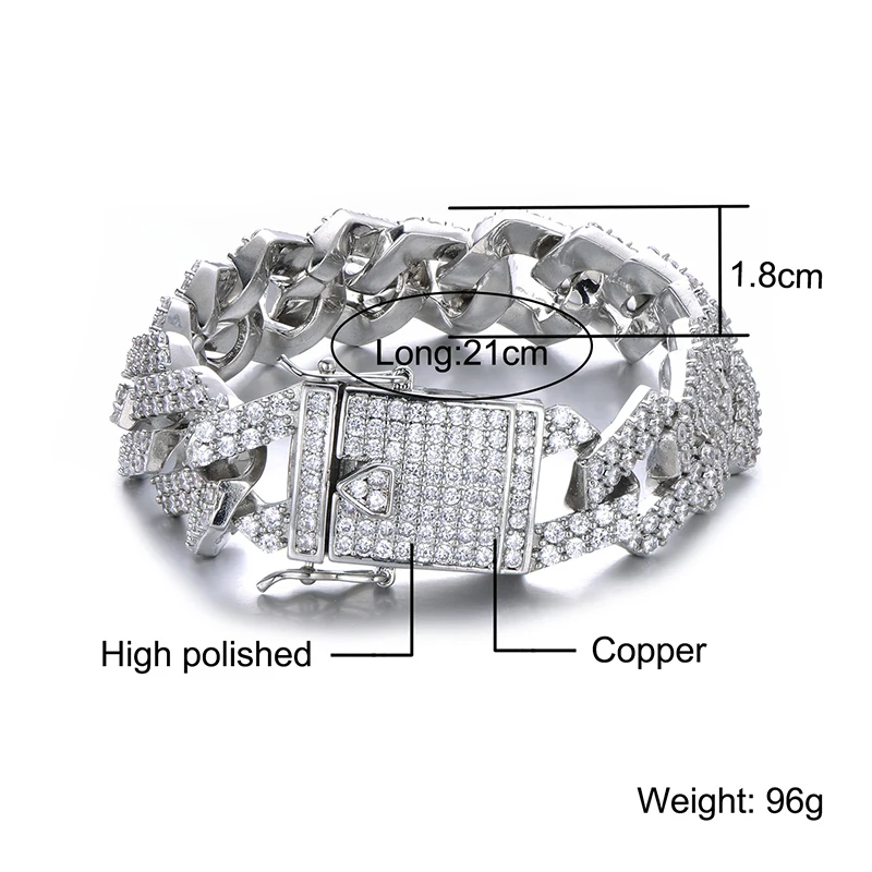 Хип-хоп 18 мм Bling Heavy CZ Iced Out, кубинская звеньевая цепь, полный кристалл, мужской браслет, ожерелье для мужчин, рэппер, ювелирное изделие 1"-24"