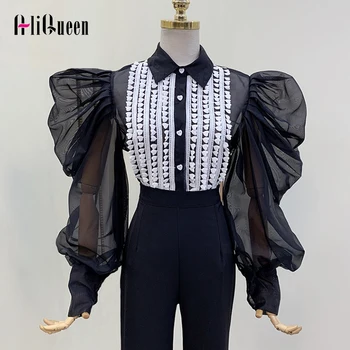 

Korean Spring Summer White Puff Long Sleeve Patchwork Mesh Appliques Shirts Women Tops Elegant Ladies Black Ruched Blouse Blusas