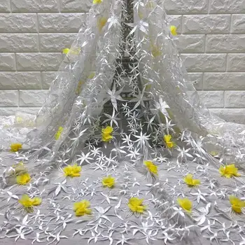 

3D Applique Embroidery Mesh Tulle Lace Fabrics 2019 High Quality 3D Flower Yellow Color Nigerian Indian Women Wedding Material