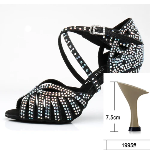 WUXIJIAO/туфли для латинских танцев; женские туфли на высоком каблуке; черные Серебристые золотистые блестящие удобные туфли для сальсы; вечерние туфли для сальсы - Цвет: black heel 7.5cm