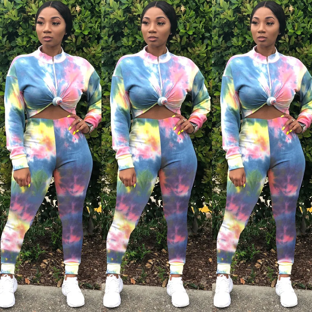 Autumn Tie Dye Galaxy Printed Women's Set Zipper Up Turn-down Neck Crop Top Pencil Pants Suit Sporty Two Piece Sets Tracksuits