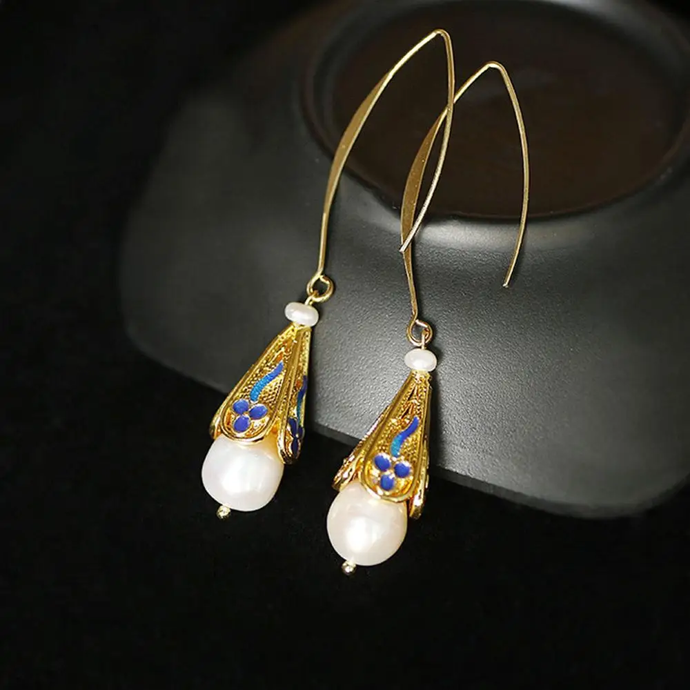 White pearl Серьги с жемчугом, натуральный пресноводный жемчуг, покрытие 14K золото, длинные серьги для женщин, Ретро стиль, женские серьги, хорошее ювелирное изделие - Цвет камня: White pearl