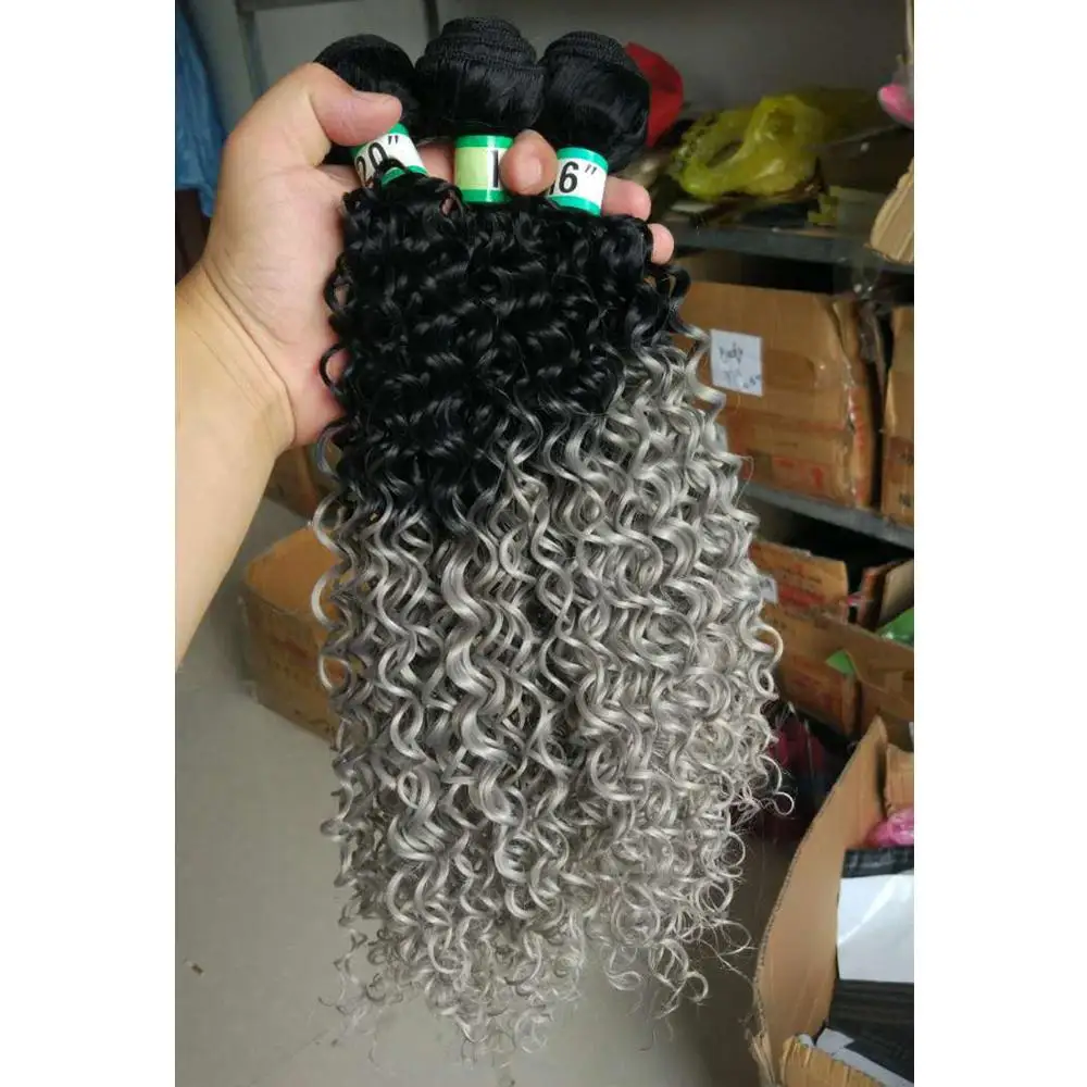 Ombre Kinky Curly Hair weave black to grey double weft 70 g/pcs synthetic hair bundles