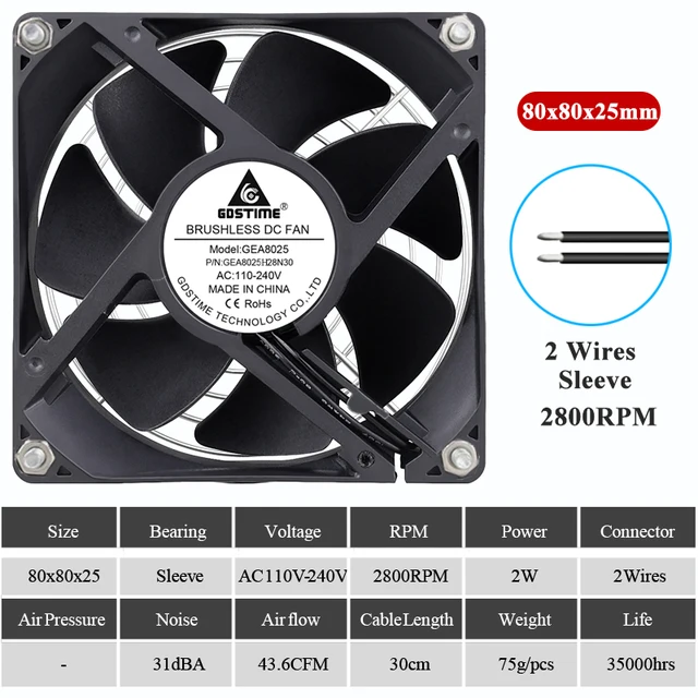 Gdstime EC Brushless Cooling Fan AC 110V 120V 220V 240V Ball Bearing Axial Fan with Srews/Grill 60MM 80MM 90MM 120MM Sleeve 80x80x25mm