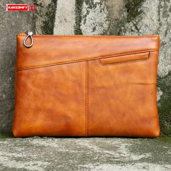 

New Cowhide Leather Men Clutch Bag Men's Business Briefcase Envelope Bags Large Capacity Wallet Vintage Vegetable Tanned Leather