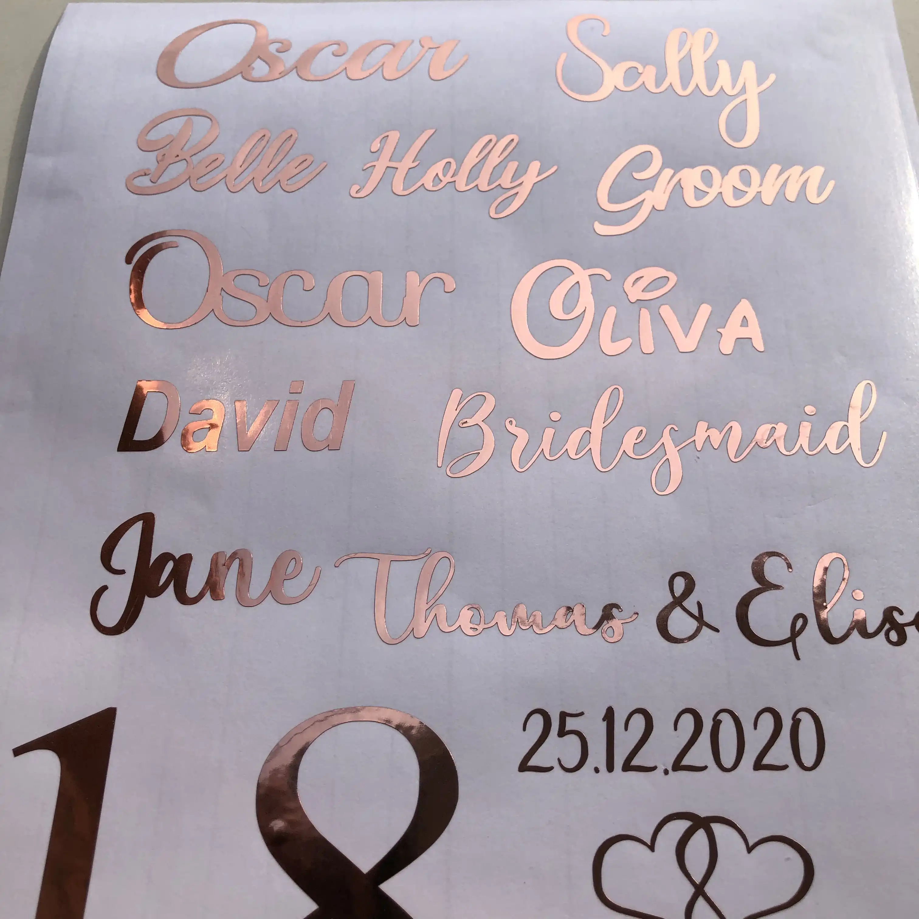 8 names Personalised Rose Gold Name Sticker Baubles Vinyl Wine Glass