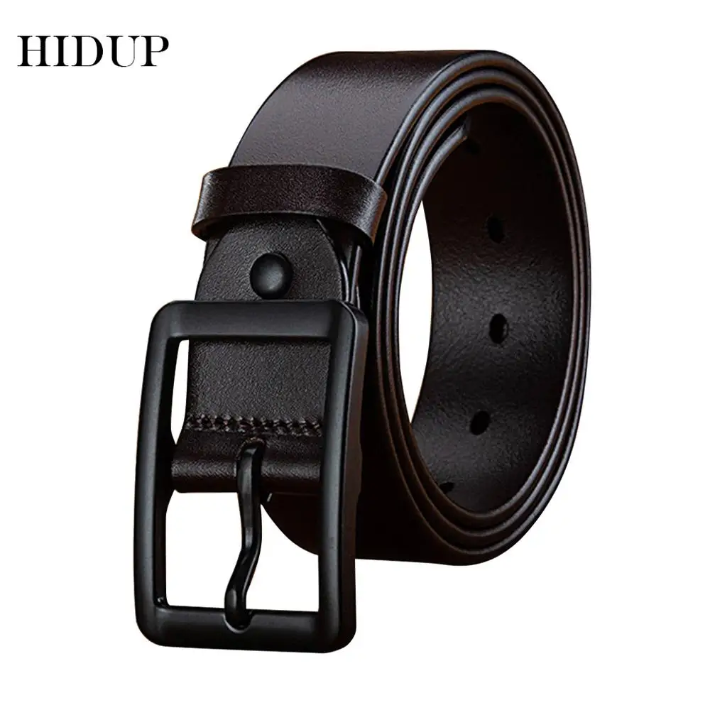 HIDUP New Top Quality Retro Black Pin Buckle Metal Belt Designer Cow Skin Genuine Leather Belts for Men Jeans Accessories NWJ737