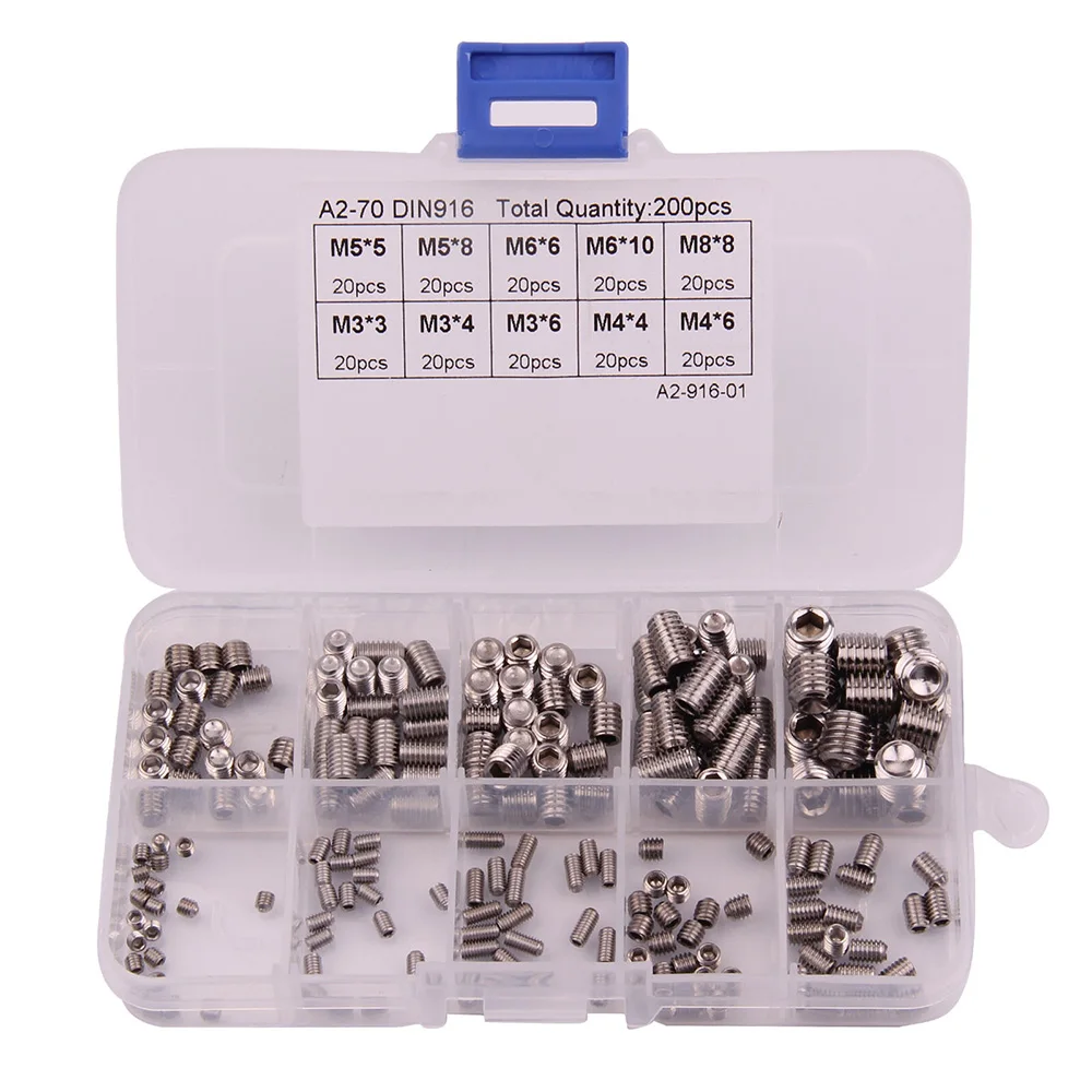 

200pcs/box Hex Socket Screw Assortment Kit Set 304 Stainless Steel Grub Screws M3/M4/M5/M6/M8 Boxed Screw Set