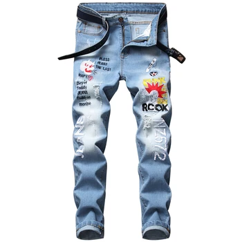 

European light blue brand men slim jeans pants patchwork letter embroidery Moto & Biker jeans pants hole jeans for man