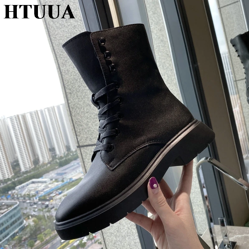 

HTUUA Genuine Leather Women Boots Fall Winter Warm Cowhide Ankle Boots Woman Casual Lace-Up Flat with Motorcycle Shoes SX3515