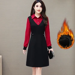 Vestido Retro de forro polar con Cuello de camisa para mujer, elegante, Vintage, ajustado a la cintura, para fiesta, Otoño e Invierno