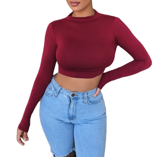 de manga larga con cuello redondo para mujer, ropa informal, Color rojo vino/Negro/azul/blanco, Otoño, 2020|Camisetas| - AliExpress