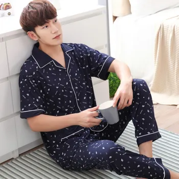 

Men's Cotton Pajamas Set Blue Homewear Summer Pajama Navy Short Sleeve Trousers Men Sexy Lounge Wear Nightwear Pajamas for Men
