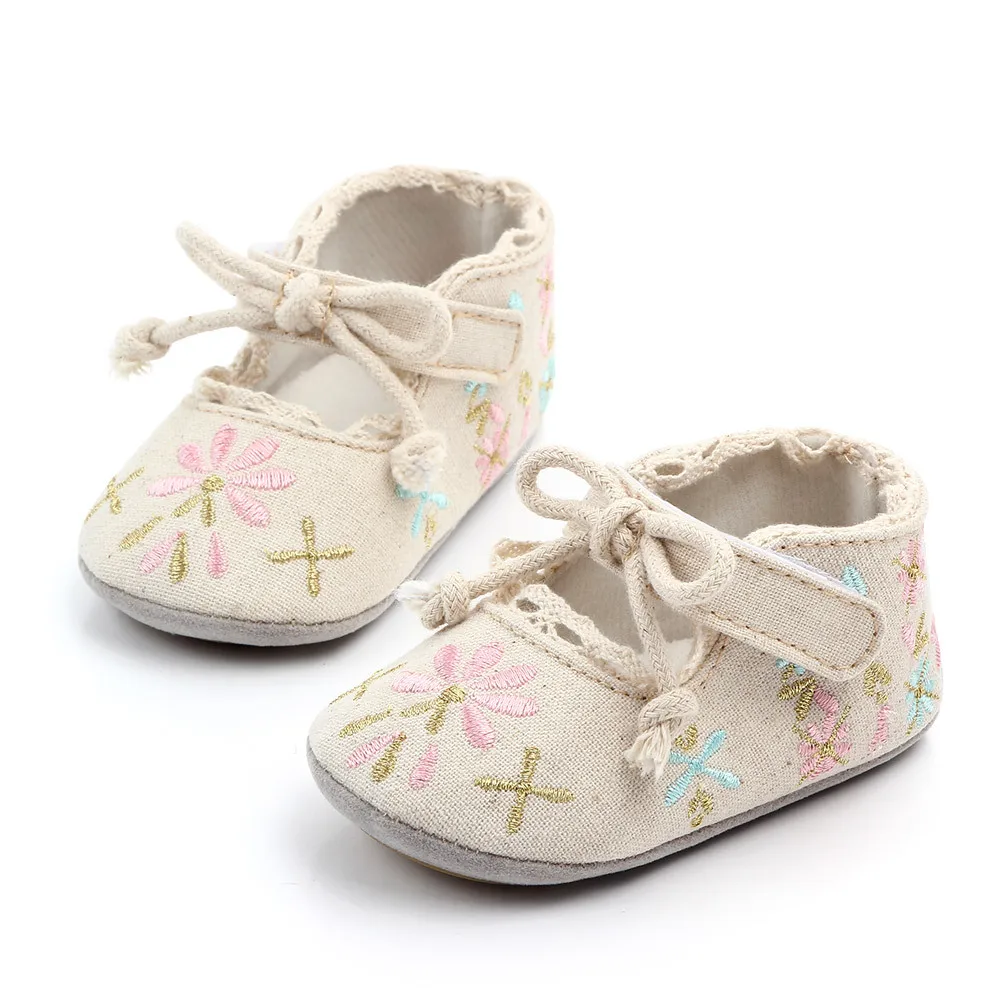 

2019 Toddler Newborn Baby Crib Shoes Bow Embroidery Princess Baby Soft Sole Anti-Slip Prewalker For Baby Girls First Walk