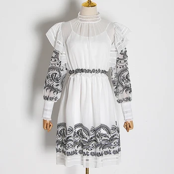 

Women Embroidery Vintage Dress Ruffles Stand Collar Lantern Sleeve High Waist Tunic Summer Dress