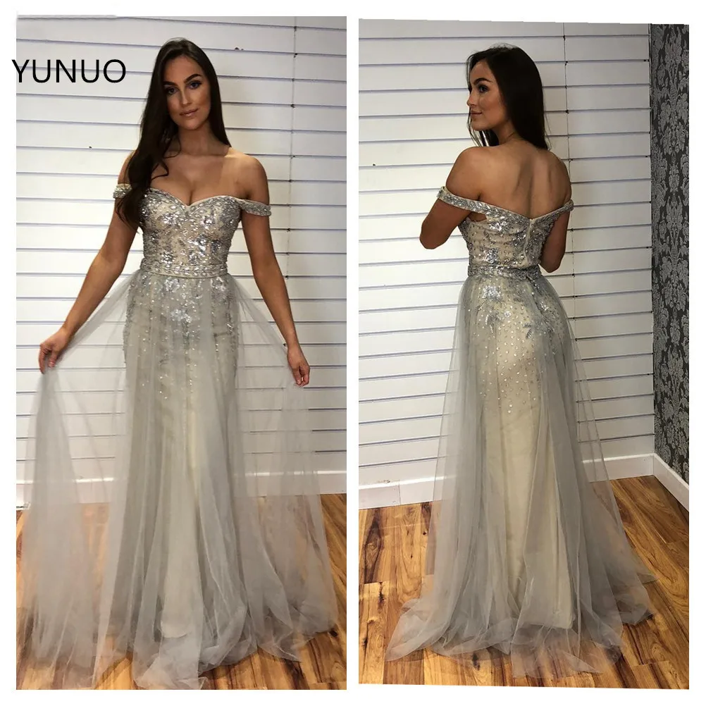 YUNUO Grey Off the Shoulder Prom Evening Gowns Tulle Bling Sequins Crystal Party Dresses Long Women Gown Formal Zipper | Свадьбы и