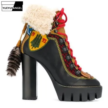 

Brand Runway Women Winter Sheep Wool Lining High Heels Ankle Boots Lady Lace Up Platform Riding Shoes Genuine Leather Snow Boots