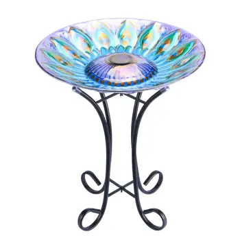 

Outdoor Glass Bird bath Solar Birdbaths with Metal Stand for Lawn Yard Garden Peacock Decor,18” Dia 21.65 Height
