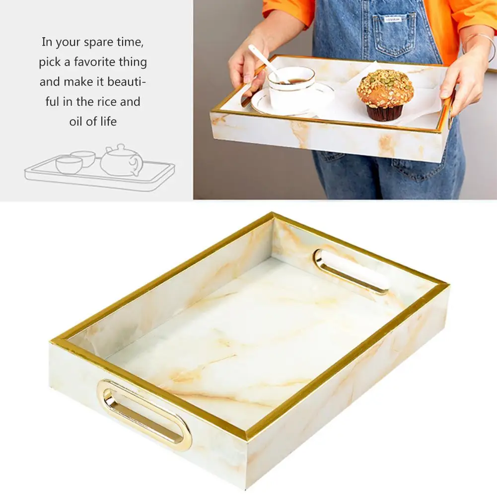 Поднос под мрамор в скандинавском стиле золотистый Прямоугольный Стеклянный