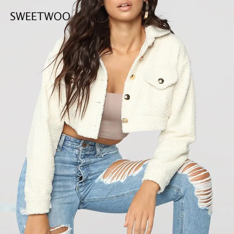 2021 Autumn and Winter Jacket Women's Fashion Thick Solid Color Lapel Long-Sleeved Sweater Plush Cardigan Short Coat