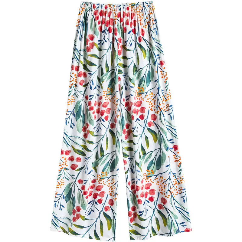 

Cotton Silk Pajama Pants Women Summer Thin Loose Wide-Leg Pants Rayon Home Pants Printing Fashion Sweatpants Female Trousers
