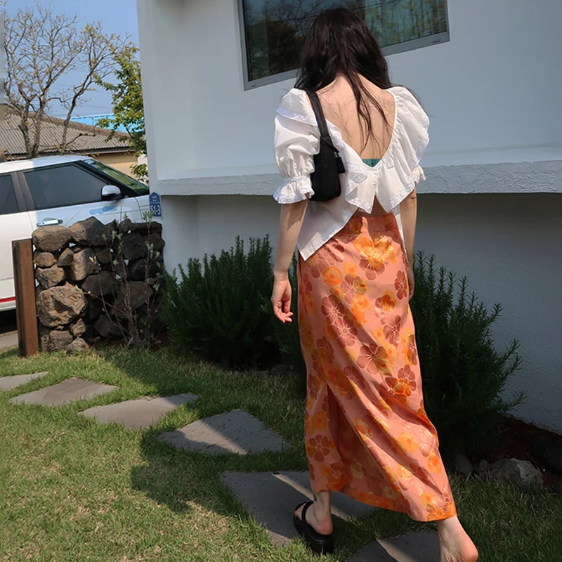 

summer women two piece set lotus leaf collar lace stitching open back shirt + high waist split flower printed skirt female my585