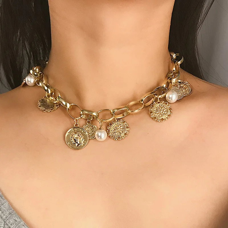 

Creative Fashion Multi-Layer Necklace Portrait Coin Multi-Element Accessory Chain Vintage Embossed Imitation Pearl Necklace