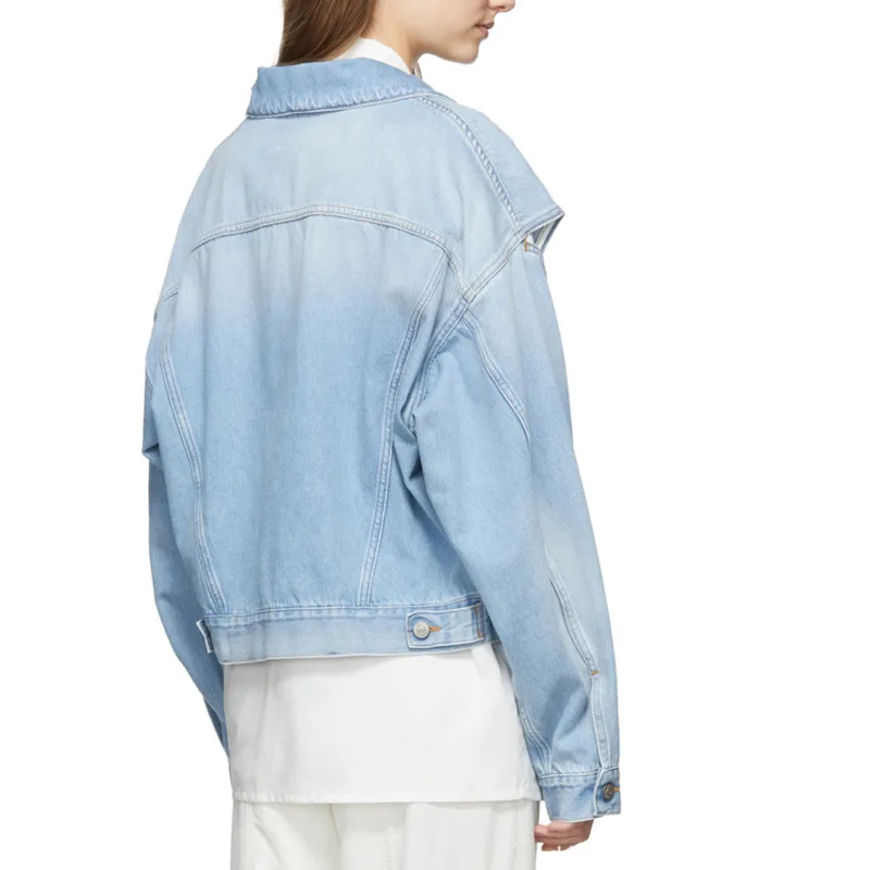 DEAT Solid Color Lapel Long Sleeve Single Breasted Woman Denim Jacket Simple Casual Personality Fashion spring Coat TV061